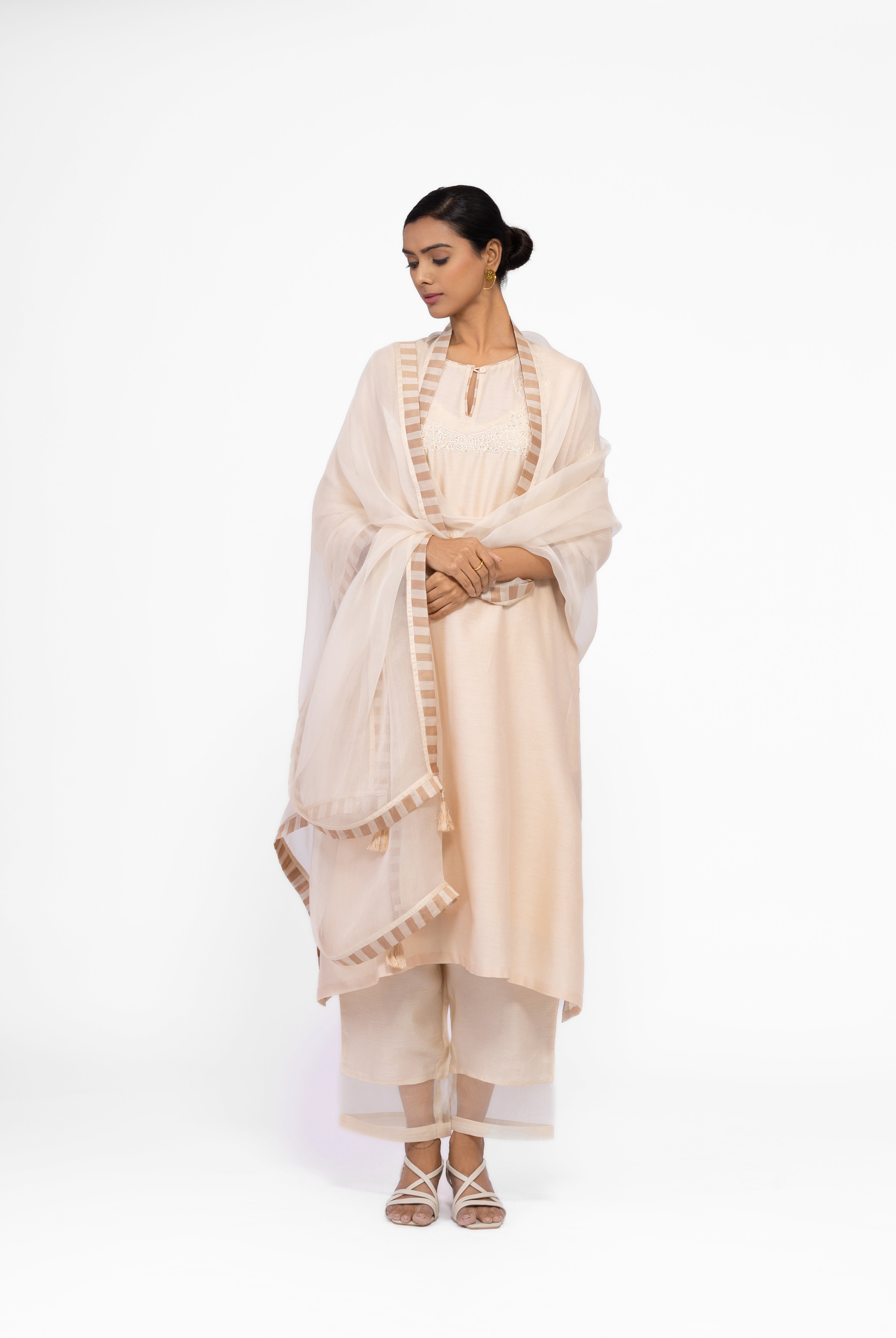 SOFT BEIGE - ROUND NECK - CHANDERI SILK  A-LINE KURTA SET