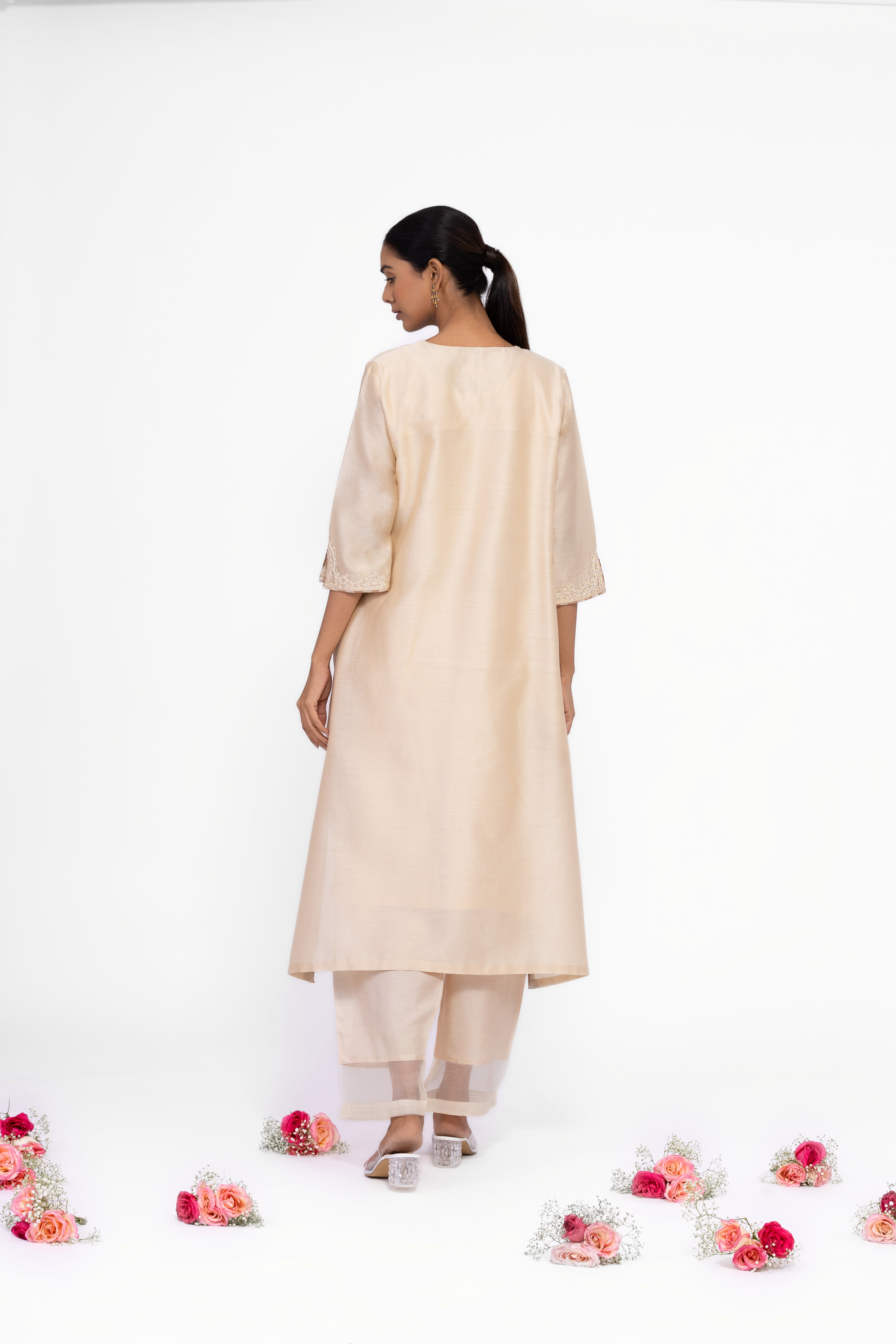 SOFT BEIGE - V NECK - CHANDERI SILK  A-LINE KURTA SET