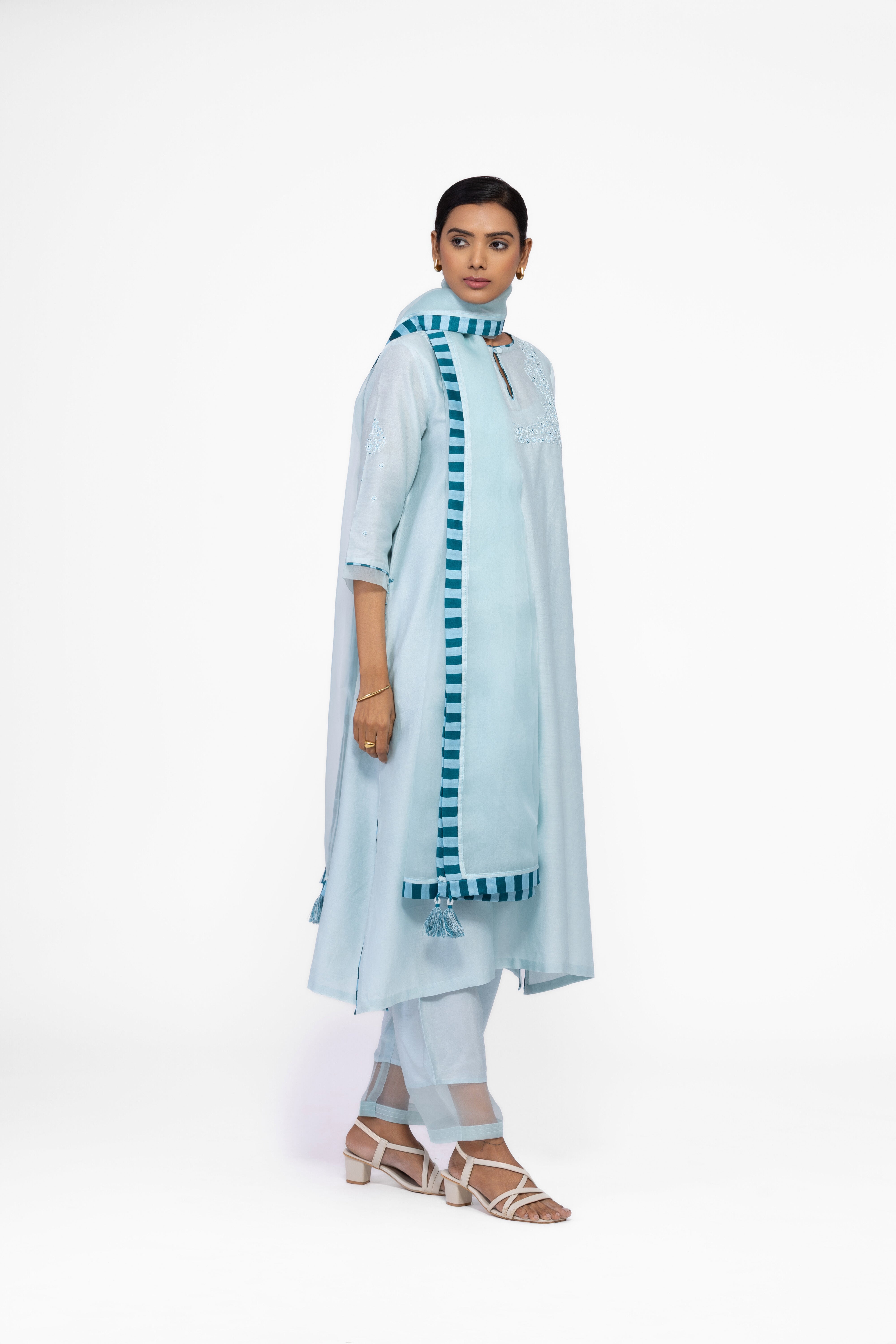 ICE BLUE - ROUND NECK - CHANDERI SILK  A-LINE KURTA SET