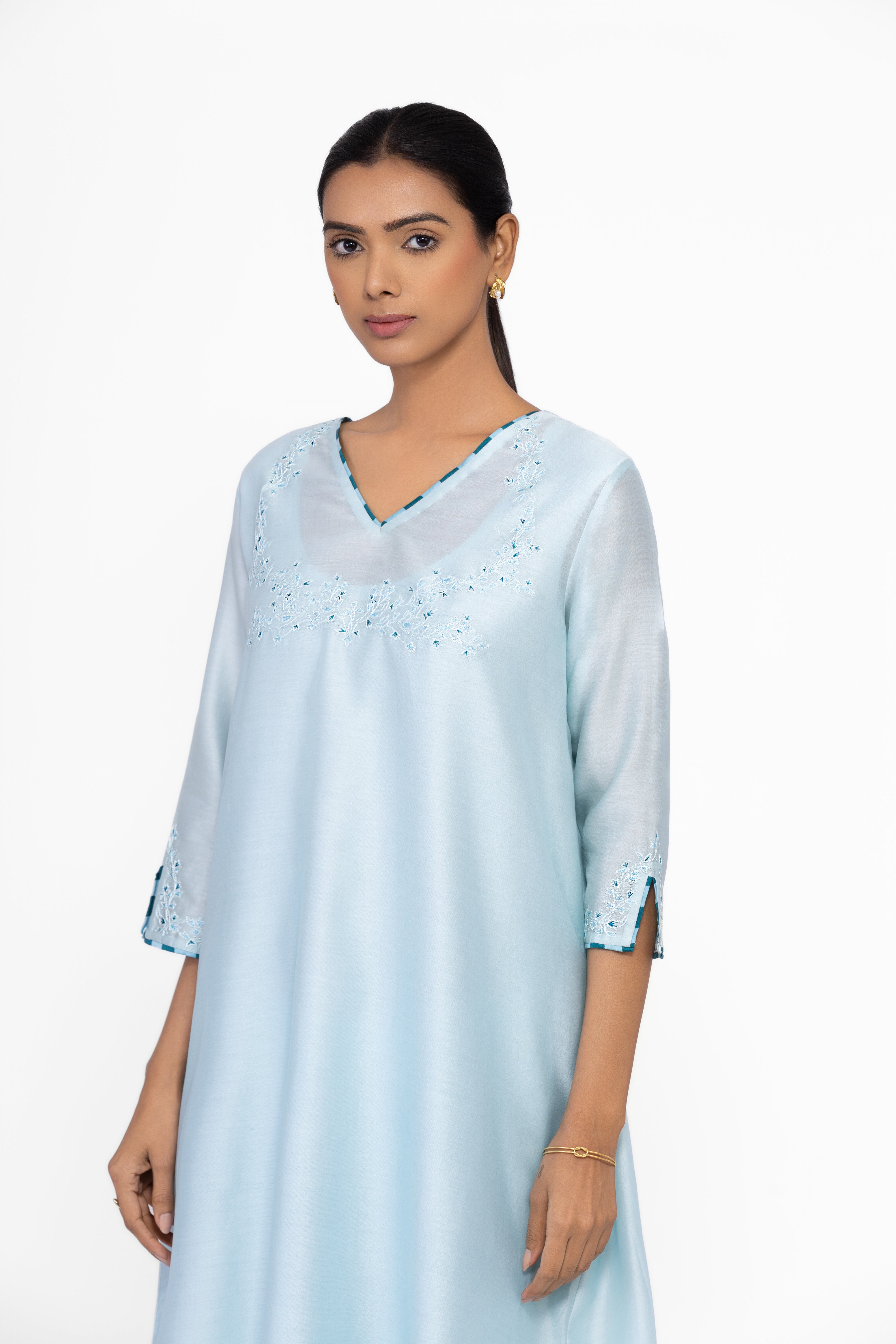 ICE BLUE - V NECK - CHANDERI SILK  A-LINE KURTA SET