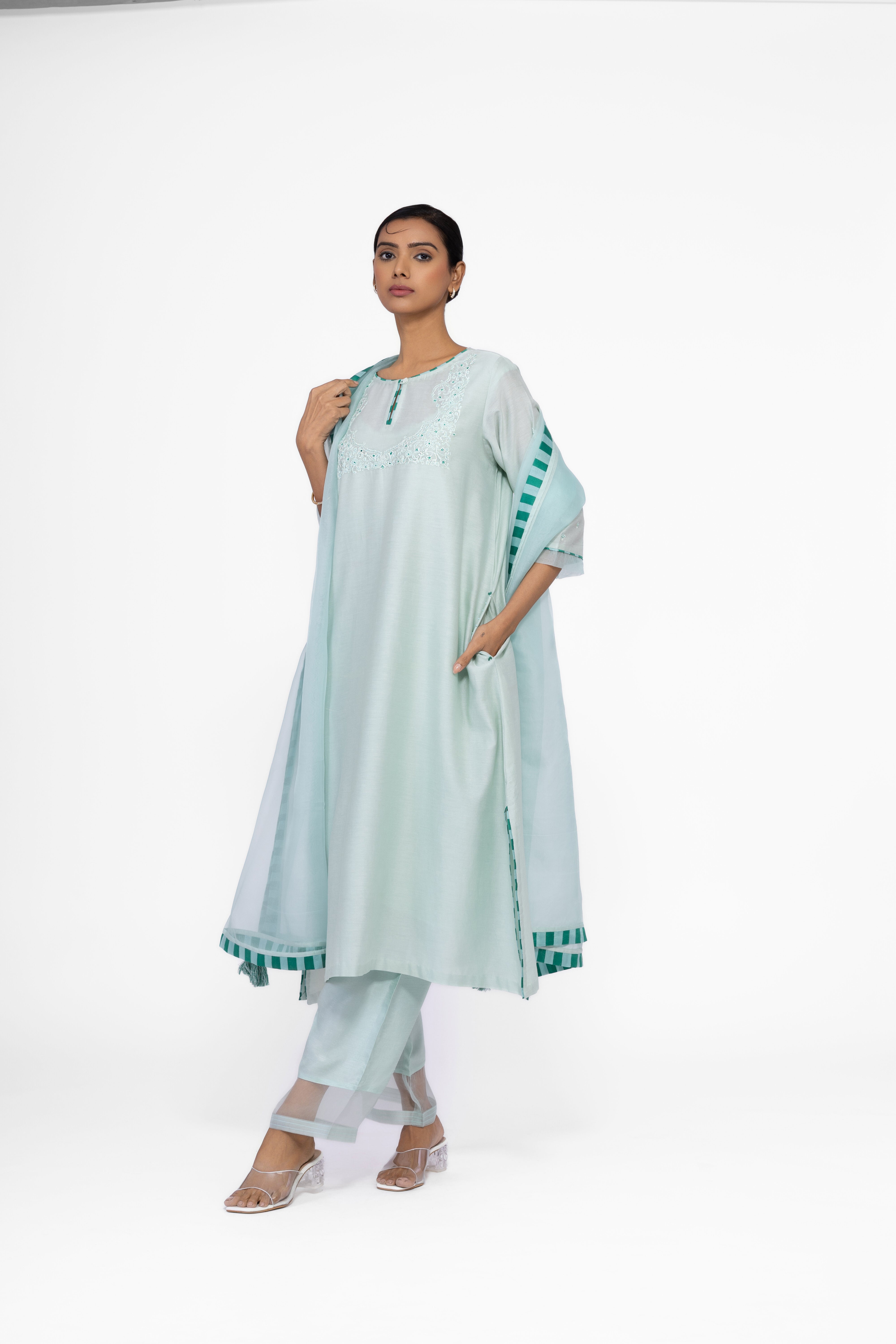 JADE GREEN - ROUND NECK - CHANDERI SILK  A-LINE KURTA SET