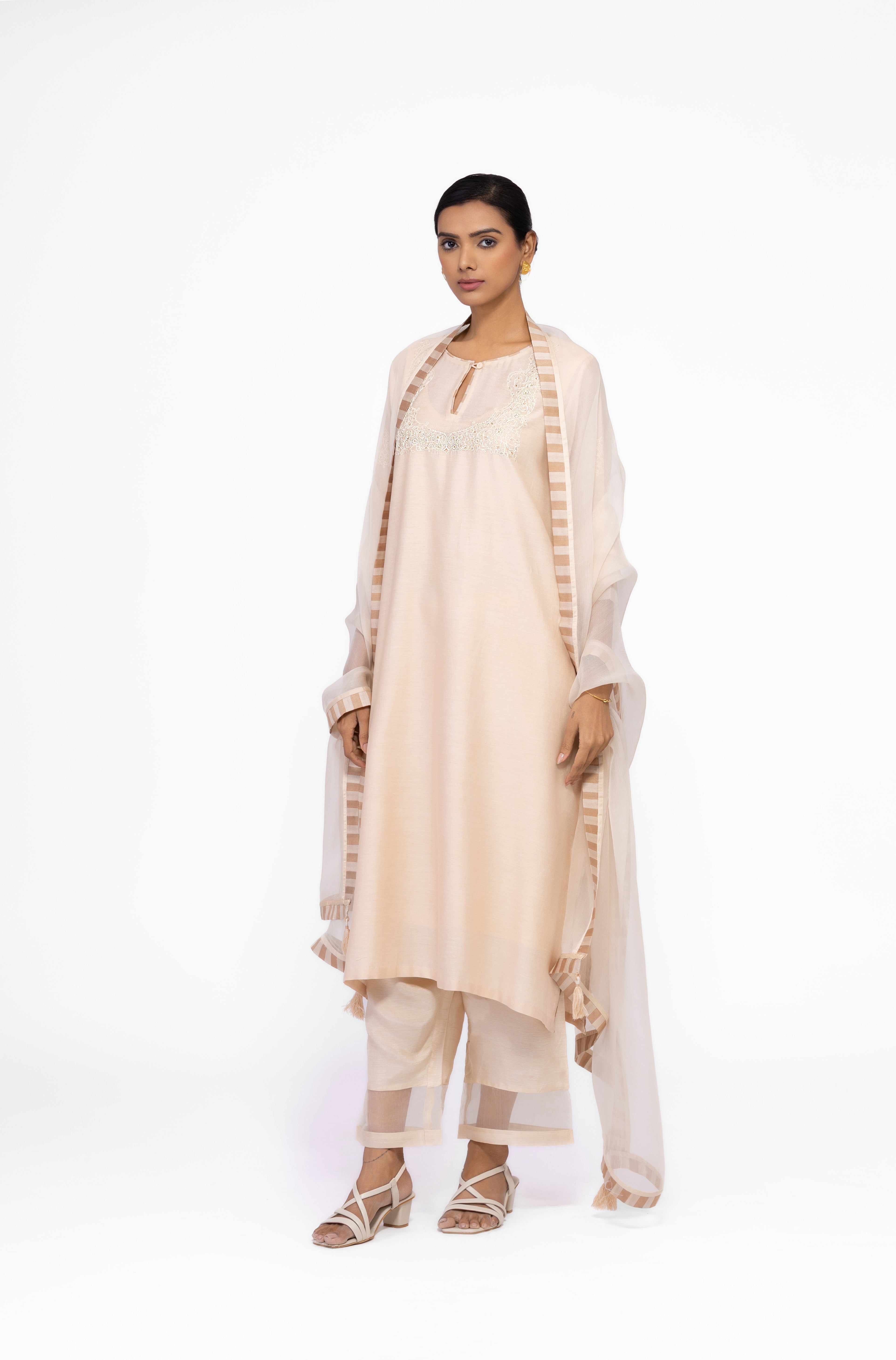 SOFT BEIGE - ROUND NECK - CHANDERI SILK  A-LINE KURTA SET