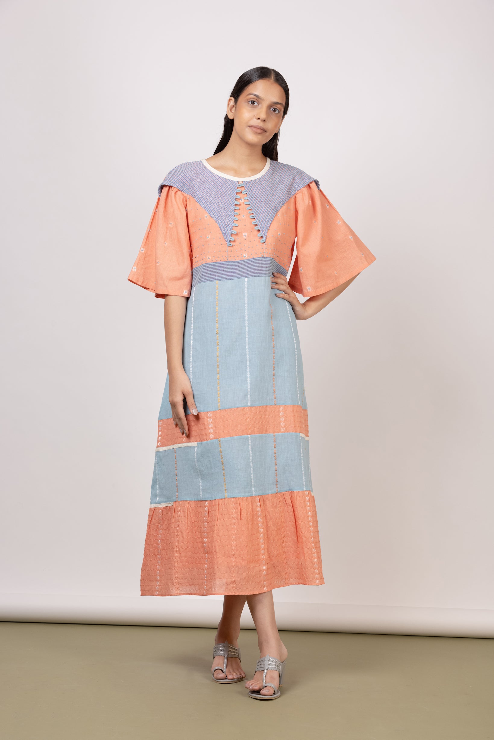 Peach/Aquatic Blue Long Tier Midi Dress - Mélange