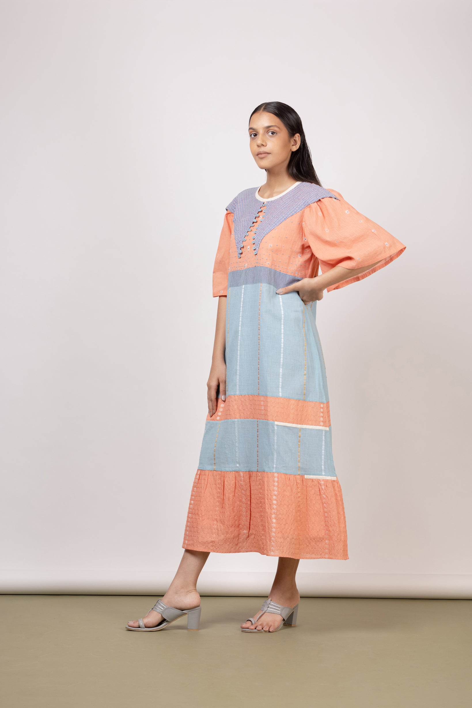 Peach/Aquatic Blue Long Tier Midi Dress - Mélange