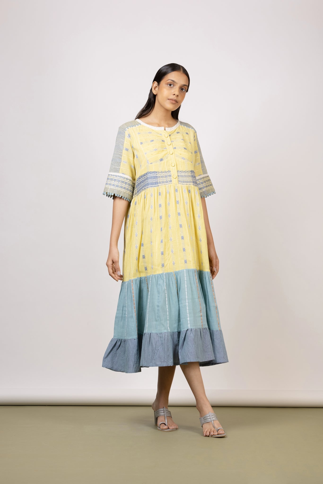 Limelight Yellow/Aquatic Blue Long Tier Midi Dress - Mélange