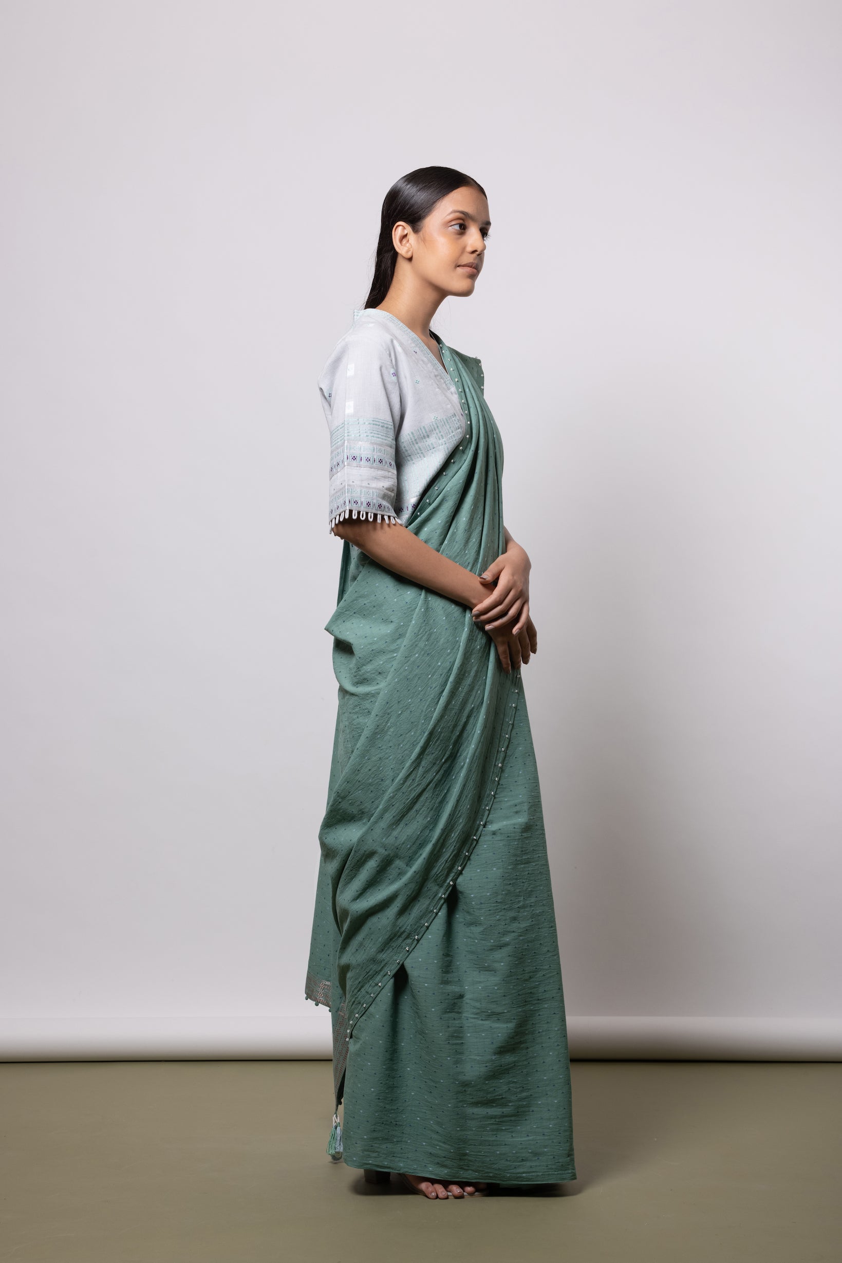 Blush Grey Blouse & Beryl Green Saree - Mélange