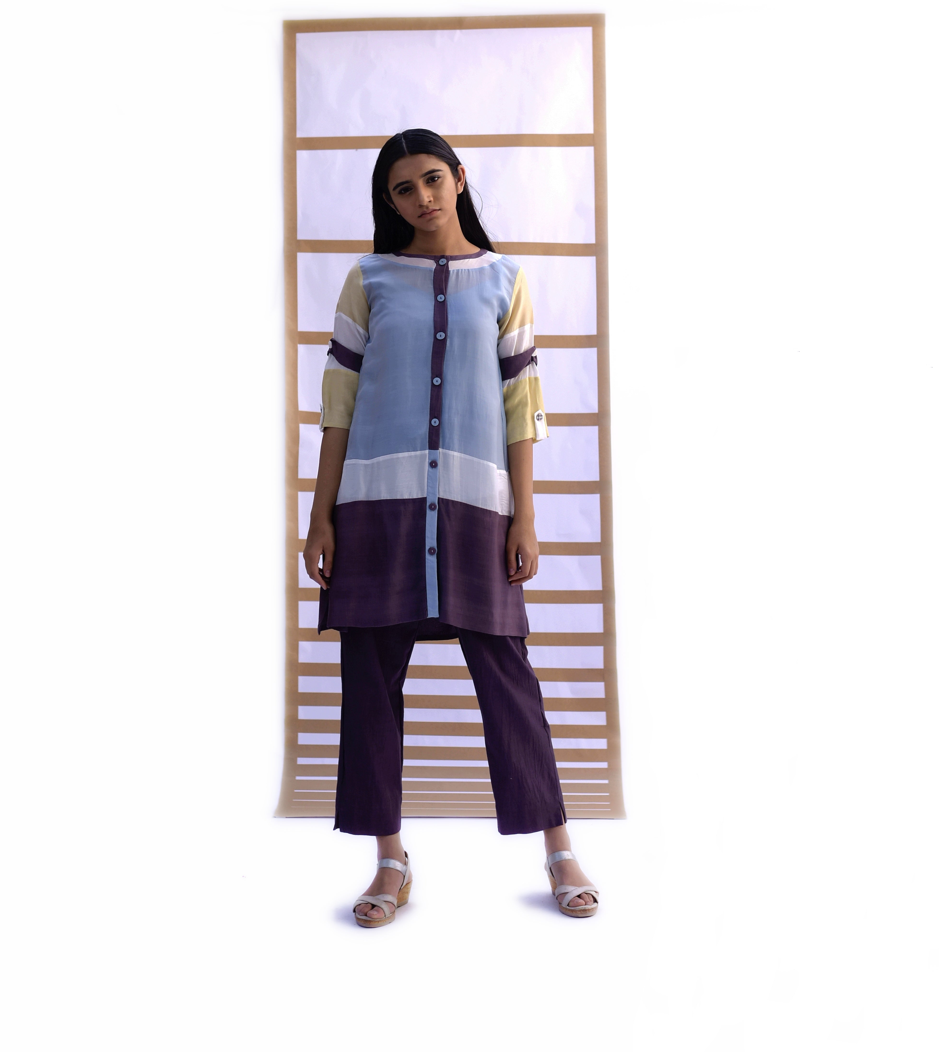 Shirt Tunic & Pants - Sky Blue & Black Plum Co-ord set